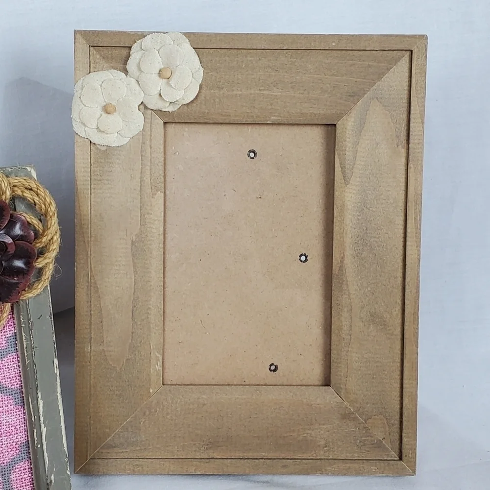 Lot of 2 floral decor wood BoHo photo frames rustic Natural Whimsicle
